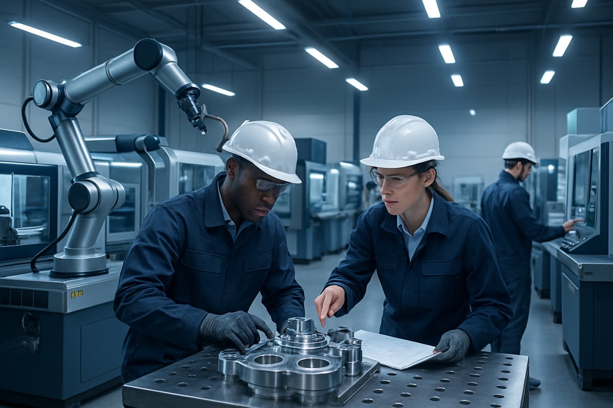 Inside a sleek modern machine engineering workshop gleaming metal surfaces reflect the soft glow of overhead LED lights Rows of advanced machinery and-3