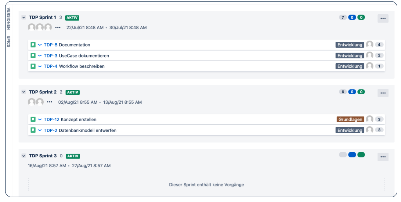 Zwei Sprints mit Storys. Der dritte Sprint ist noch leer