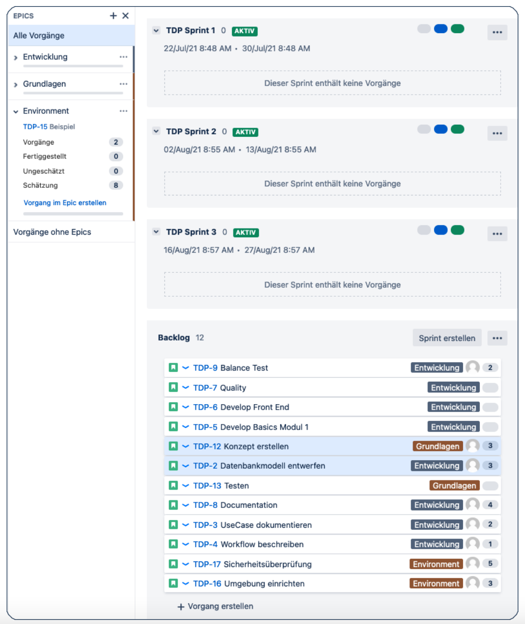 gefüllter Backlog und drei Epics